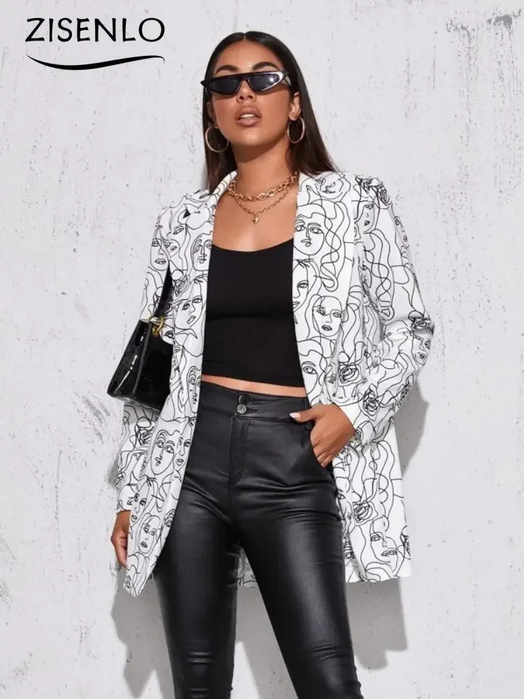 Elegant and Youth Blazer Spring Fashion Vintage Irregular Print Casual Woman Clothing High Street Lapel Blazer Woman Outerwears