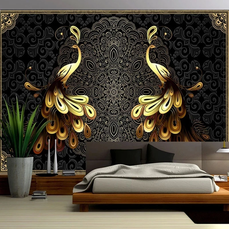 Customized Wallpaper European Style Luxury Black Gold Peacock Mural Living room sofa TV background wall bedroom restaurant Hotel