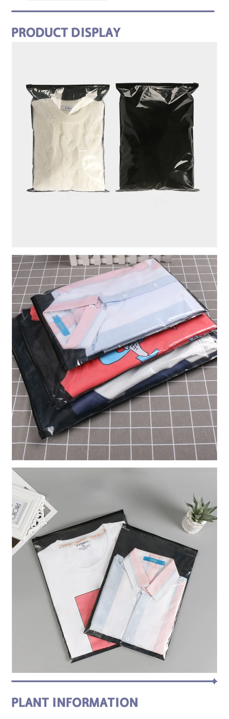 50 schwarze transparente Verpackungsbeutel für Herren- und Damenbekleidung mit Reißverschlusstaschen, die individuelle Logos unterstützen. – Detail 4