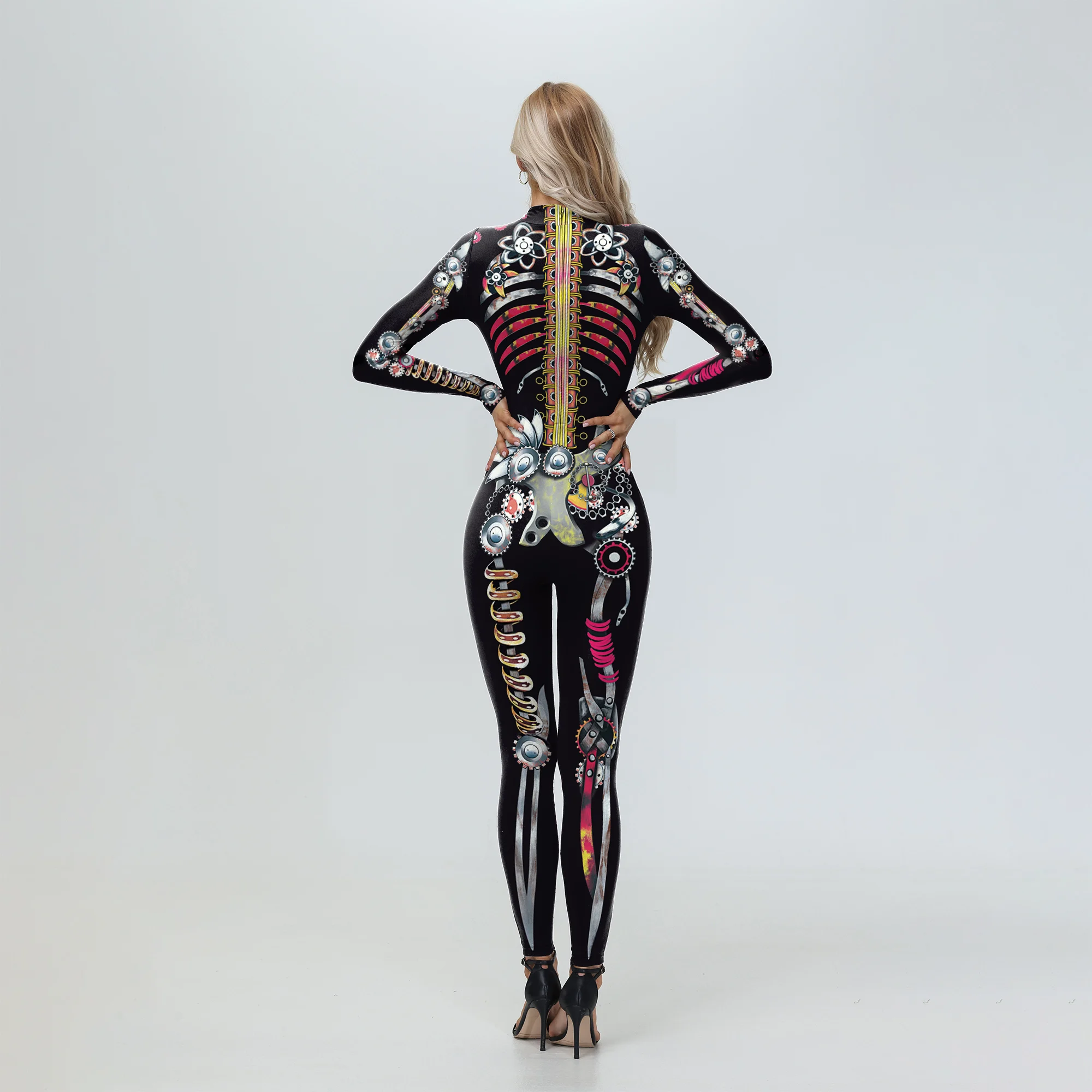 MINISO Cool Punk Skeleton Bodysuit for Women 3D Printed Machine Steampunk Zentai Halloween Party Costumes Cosplay Jumpsuit