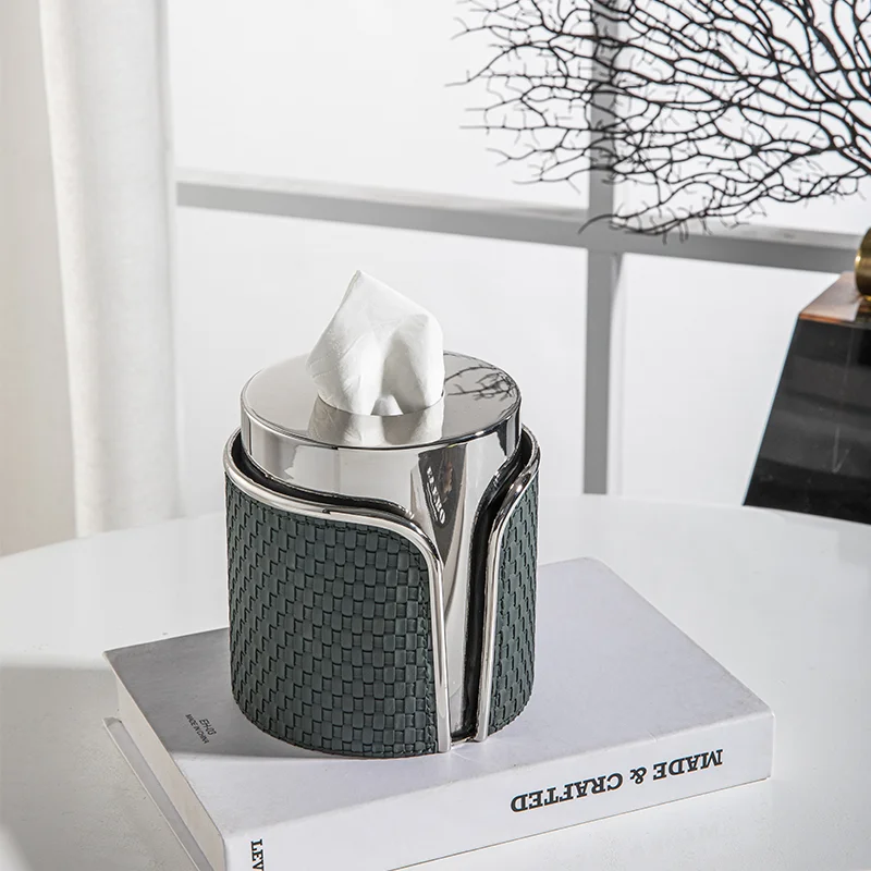 Modern Stainless Steel Leather Buyer Paper Box Home Ornaments Dining Coffee Table Decor Cylindrical Vertical Rolls Tissue Box