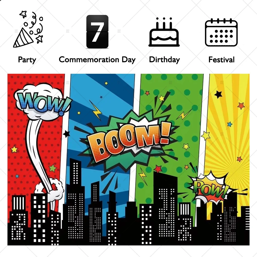 Super Hero Theme background Comics Boom City Building Children's Birthday Party  Baby Shower Cake Table Decoration Banner