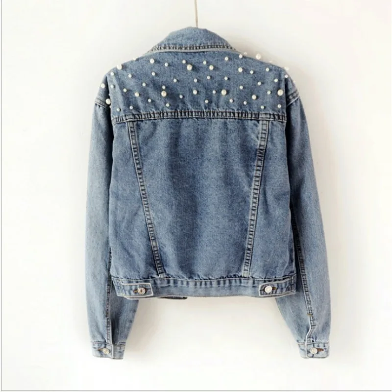 2024 Women\'s Short Denim Jacket Beaded Pearl Jacket Loose Spring and Autumn New Denim Jacket