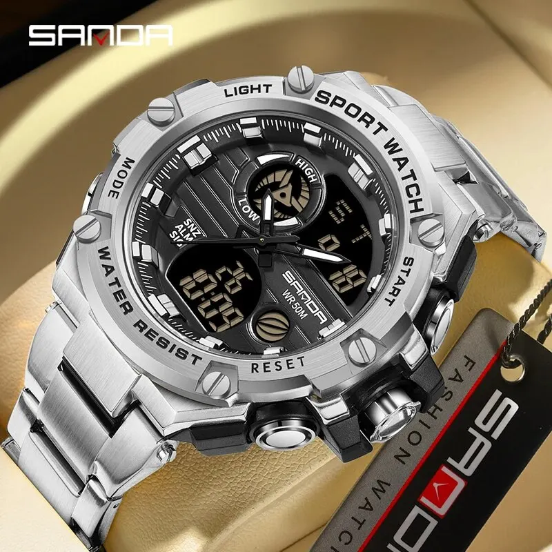 SANDA Brand G Style Mens LED Digital Watches Steel Strap 50M Waterproof Outdoor Sports Military Quartz Clock For Male Wristwatch