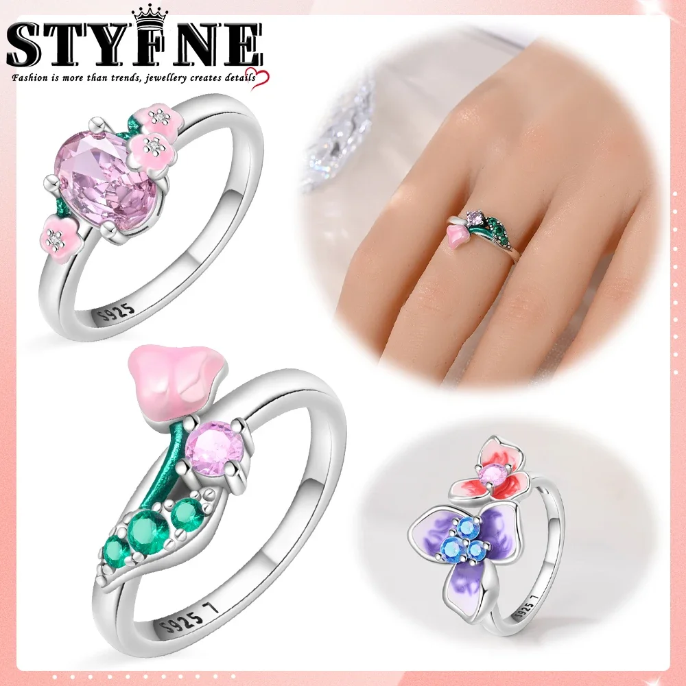 Lucky Color Tulip Flower Ring 925 Sterling Silver Shiny Exquisite Wedding Engagement Birthday Jewelry Gift Anniversary