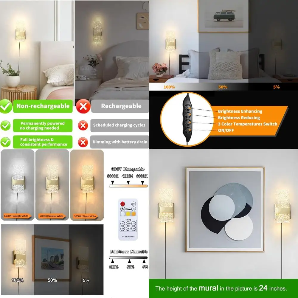 

Pair of Dimmable 6W LED Gold Wall Sconces with Remote and Timer, 3000K-5000K, for Bedroom, Living Room, and Bathroom