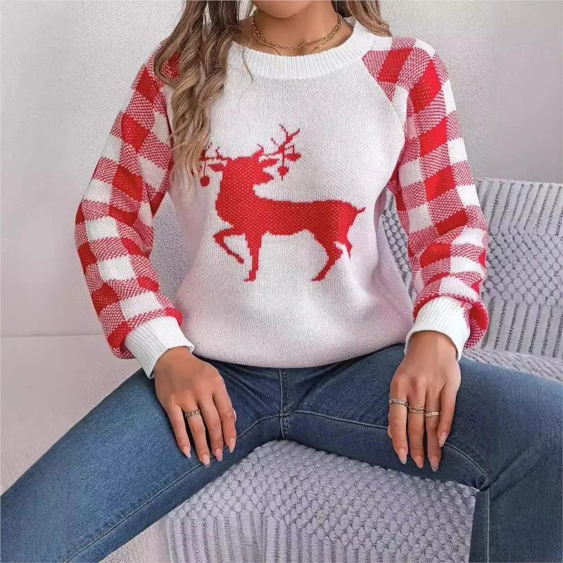 Women's New Autumn And Winter Casual Plaid Deer Pullover Sweater Christmas Round Neck Lantern Long Sleeved Contrasting Loose Fit