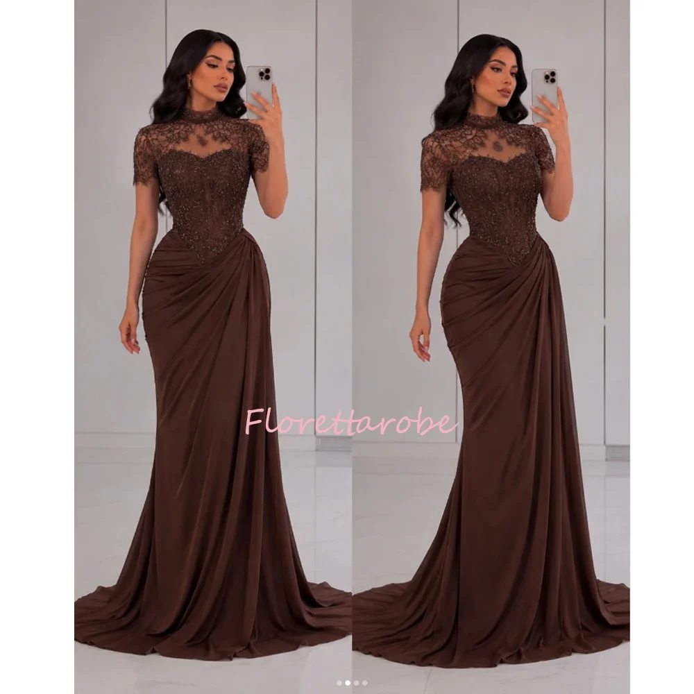 Maßgeschneiderte exquisite braune Abendkleider mit Spitze und Perlen, kurzen Ärmeln, Partykleid, elegantes, gerafftes Ballkleid, schicke Vestidos