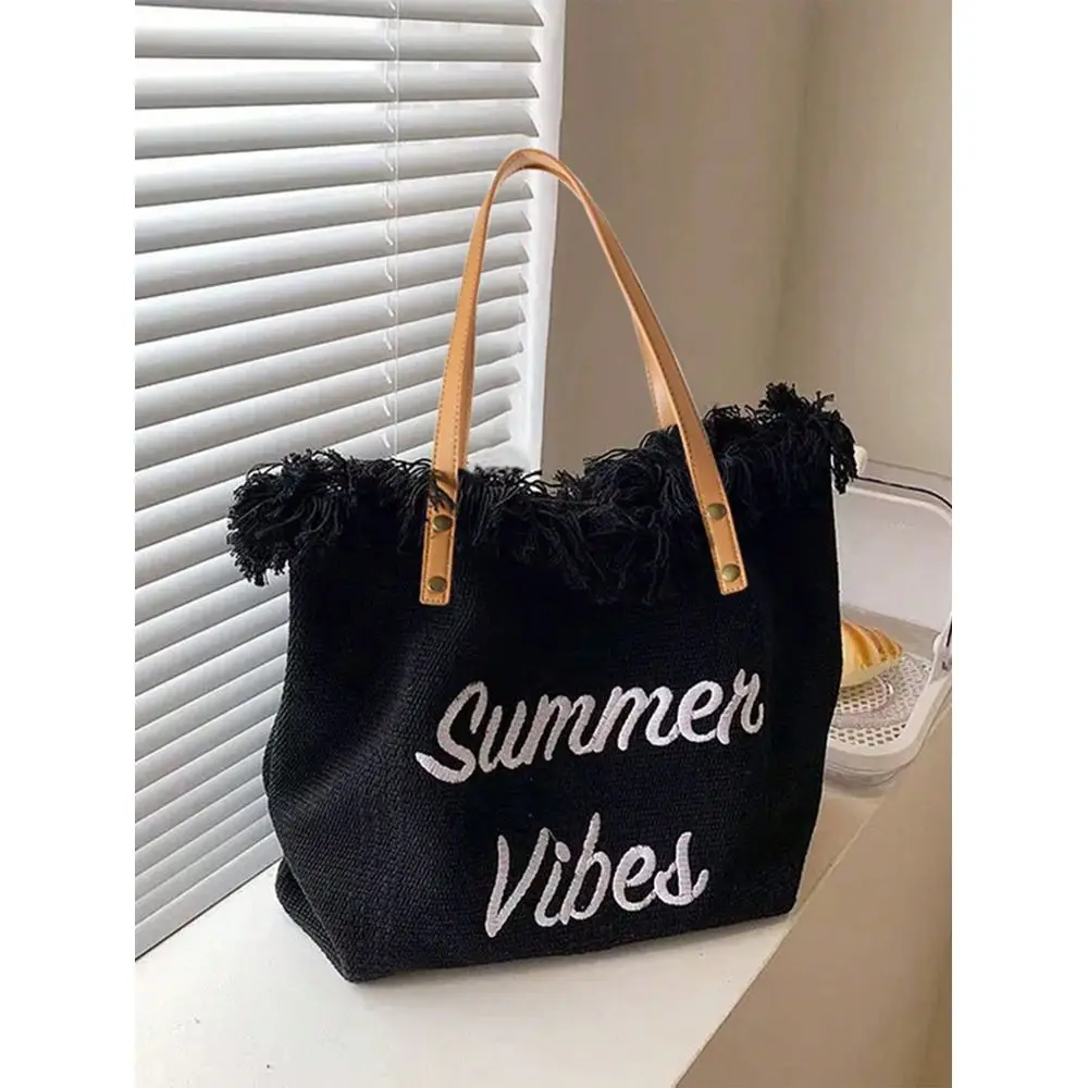 

Large Capacity Letter Tassel Canvas Tote Bag, Minimalist Commuter Shopping Shoulder Bag
