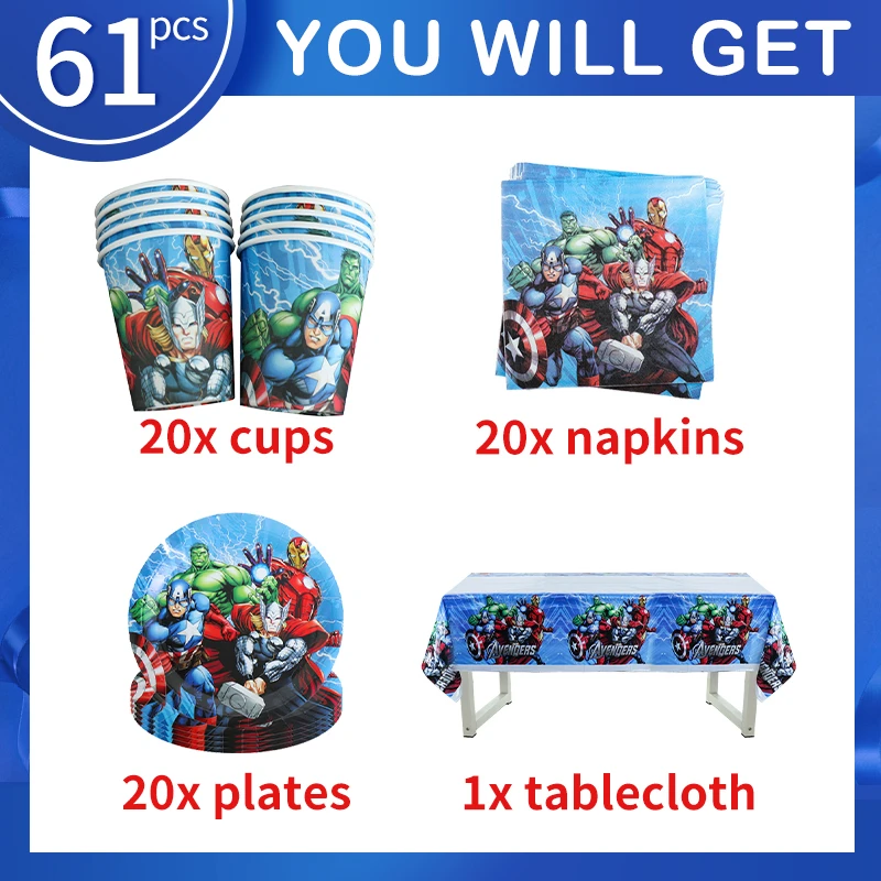 Marvel Superhero The Avengers Birthday Party Decorations Set Tableware Supplies Paper Napkins Plates Cups Kid Happy Birthday Dec