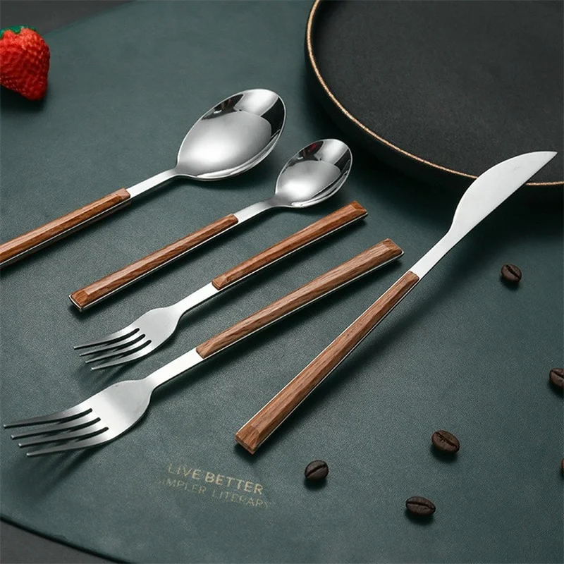 1pcs Stainless Steel Imitation Wooden Handle Cutlery Set Dinnerware Clamp Western Tableware Knife Fork Tea Spoon Silverware