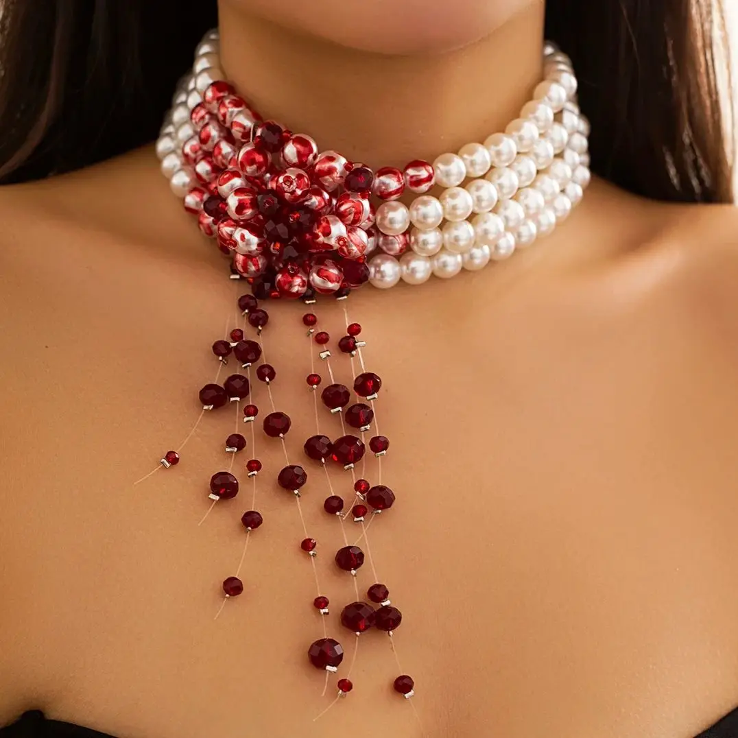 IngeSight.Z Multilayer Imitation Pearl Necklace For Women Gothic Drop Oil Red Crystal Tassel Choker Necklace Halloween Jewelry