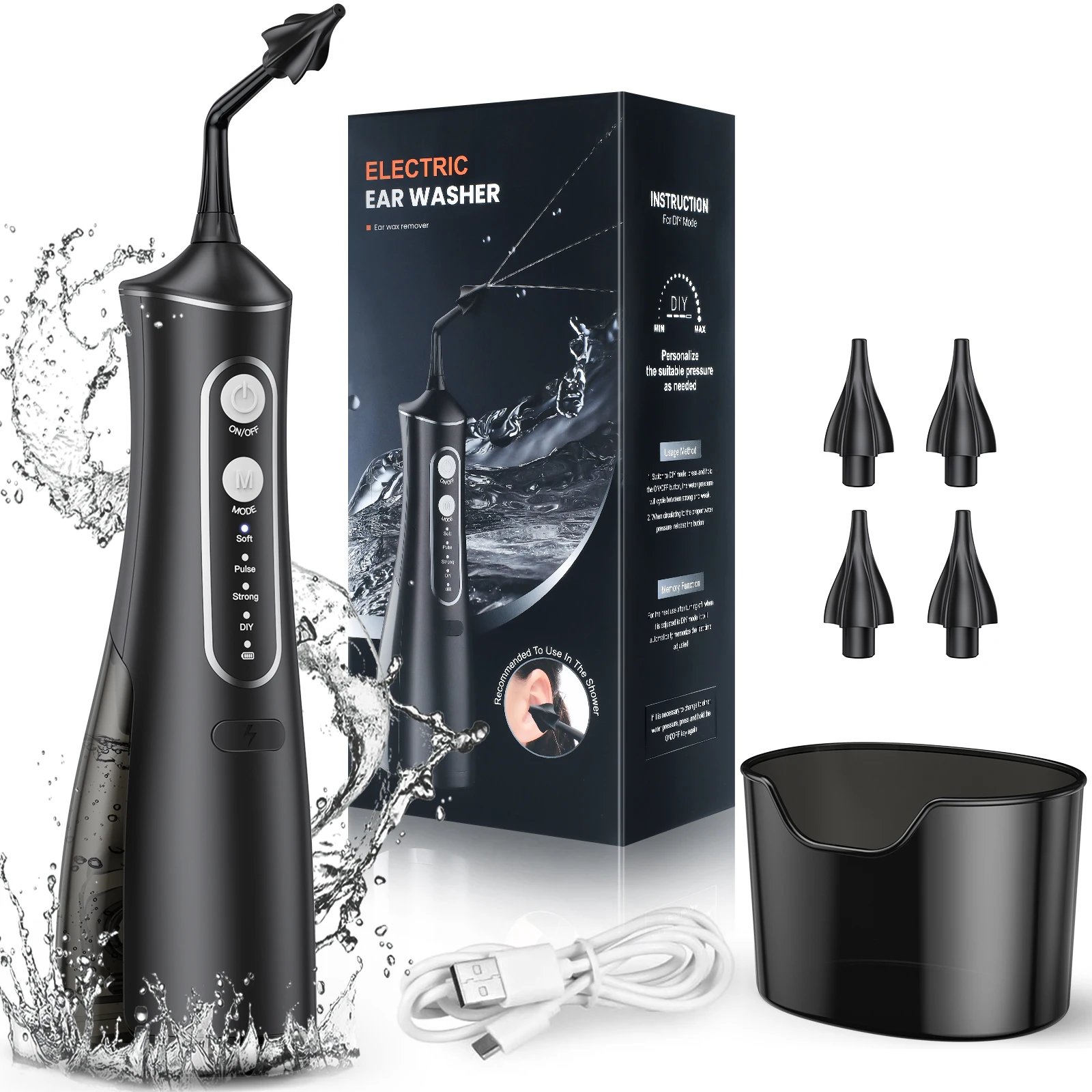 طقم تنظيف الأذن الكهربائية 4 أوضاع ضغط إزالة شمع الأذن الرعاية الصحية الري بالمياه غسالة الأذن للبالغين منظف الأذن الطفل