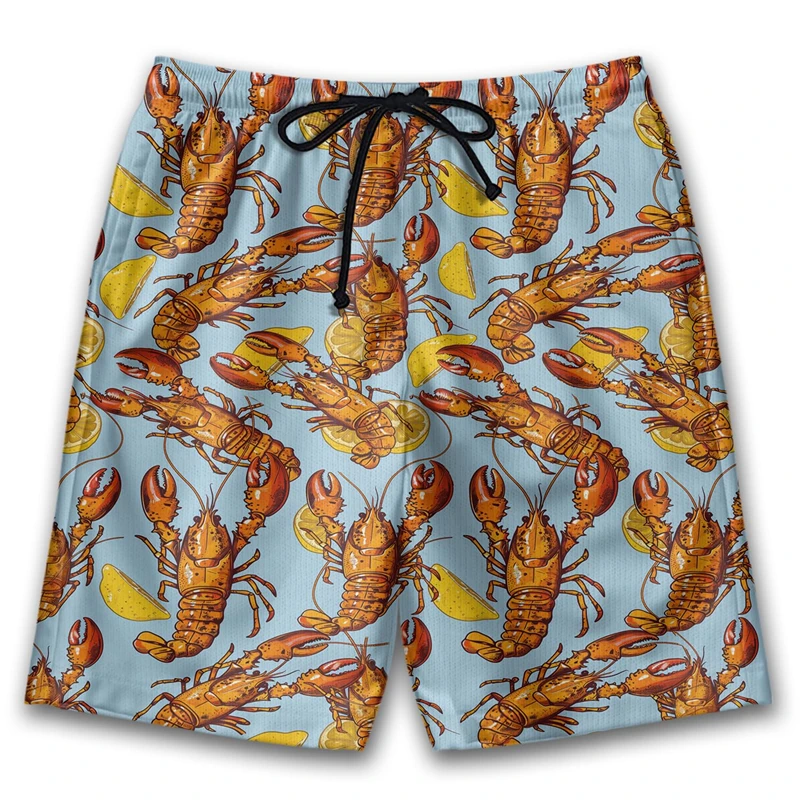 Mens Tropical Lobster Beach Shorts 3D Print Crawfish Swimming Trunks Summer Quick Dry Drawstring Board Shorts Casual Swimwear