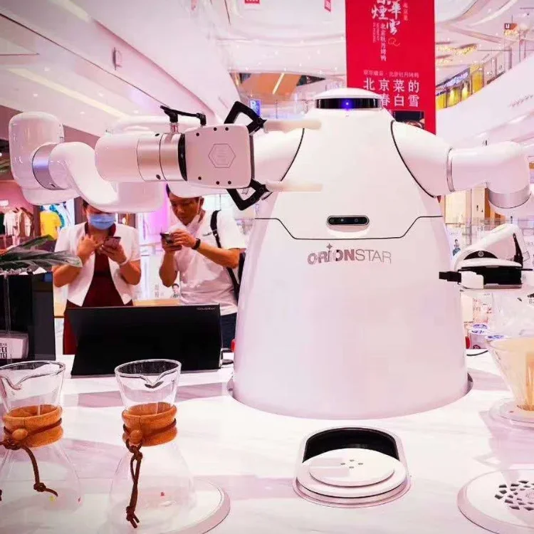 AI Nuovo robot a doppio braccio al dettaglio che serve caffè, gelato e tè Robot di servizio cooperativo autonomo intelligente