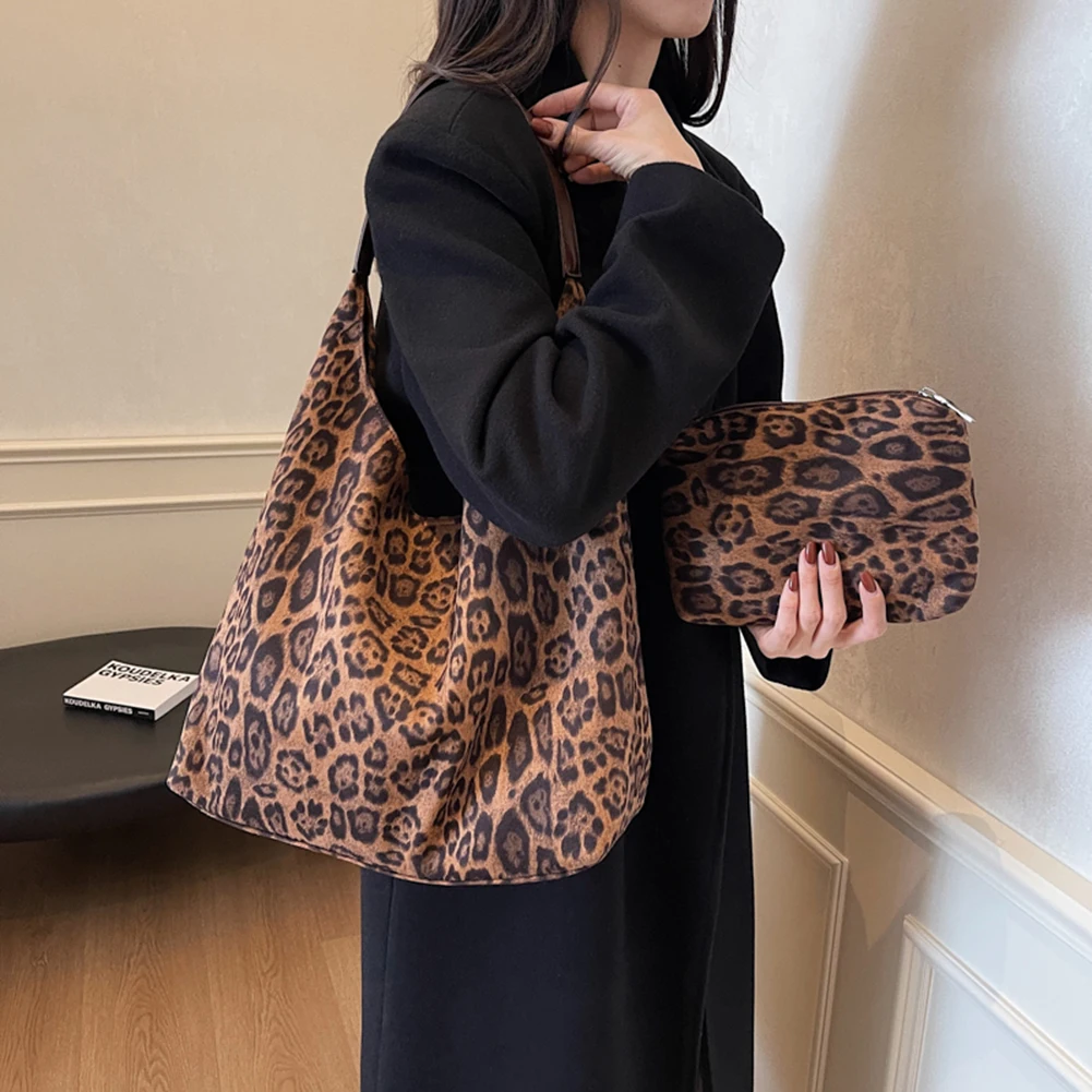 

Women Suede Large Tote Bag Leopard Print Hobo Bag Magnetic Closure Purse and Handbag Satchel Bag for Work Travel
