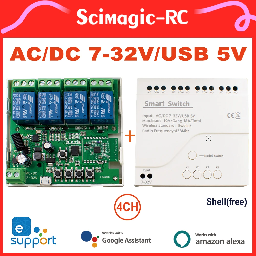 Ewelink-Interruptor Wi-Fi Inteligente, 1,4 Canal, CA, 7-32, 85-250V, Motor de Luz, Garagem, Residencial, RF433, Módulo de Relé, Suporte Alexa