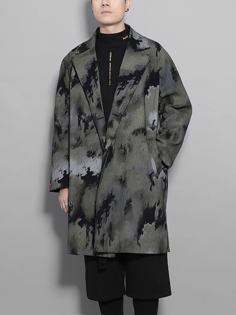 Europe And The United States Winter Abstract Tie Dye Print Casual Loose Clip Cotton Trench Coat Long men's cotton-padded Jacket