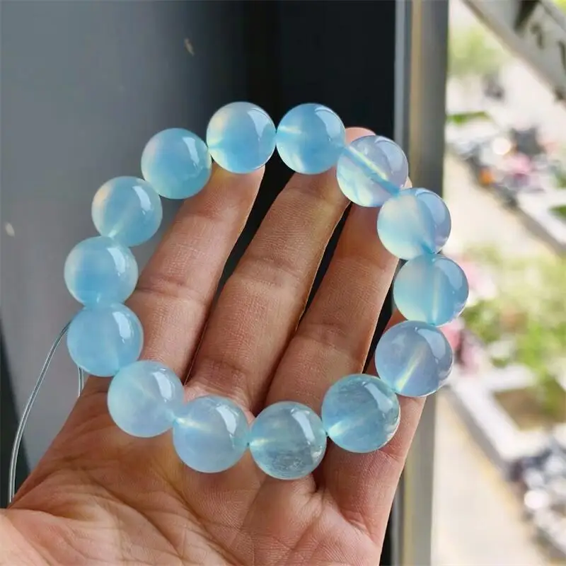 15MM Natural Aquamarine Bracelet Fashion Crystal Quartz Gemstone Jewelry Reiki Healing Gift For Women 1pcs