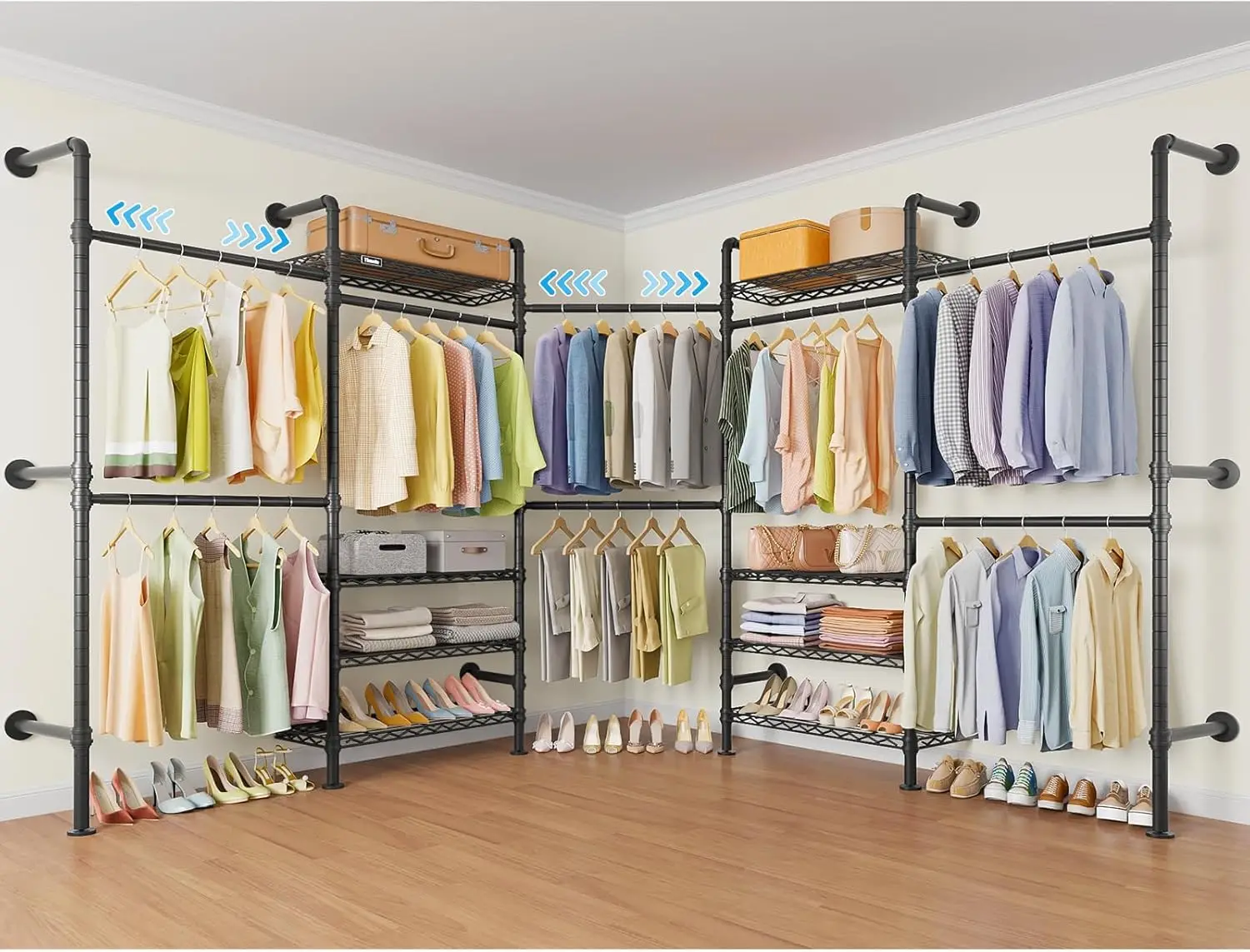 

L5 Expandable Wall Mounted Clothes Rack for Corner, L Shape Heavy Duty Industrial Pipe Clothing Rack with 8 Adjustable S