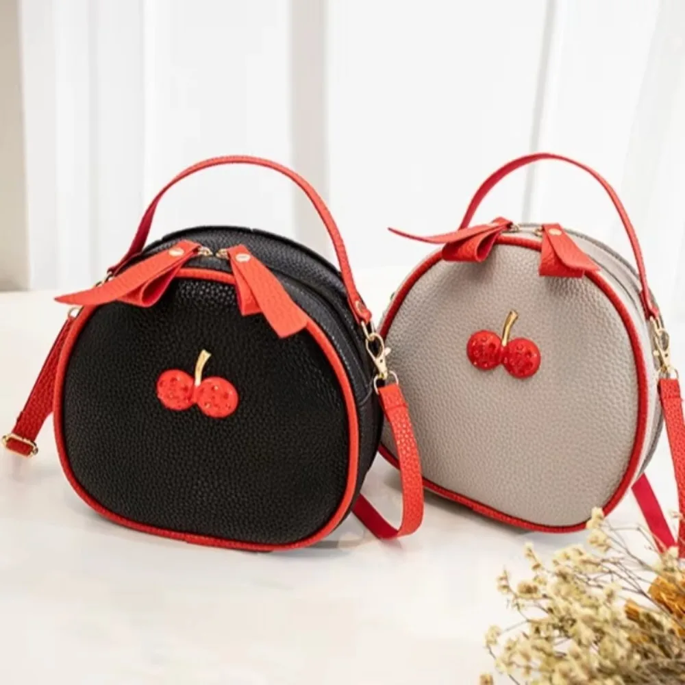 Sweet Contrast Color Round Mini Bag for Women, Rhinestone Cherry Decor Convertible Backpack, Casual Handbag Crossbody Purse