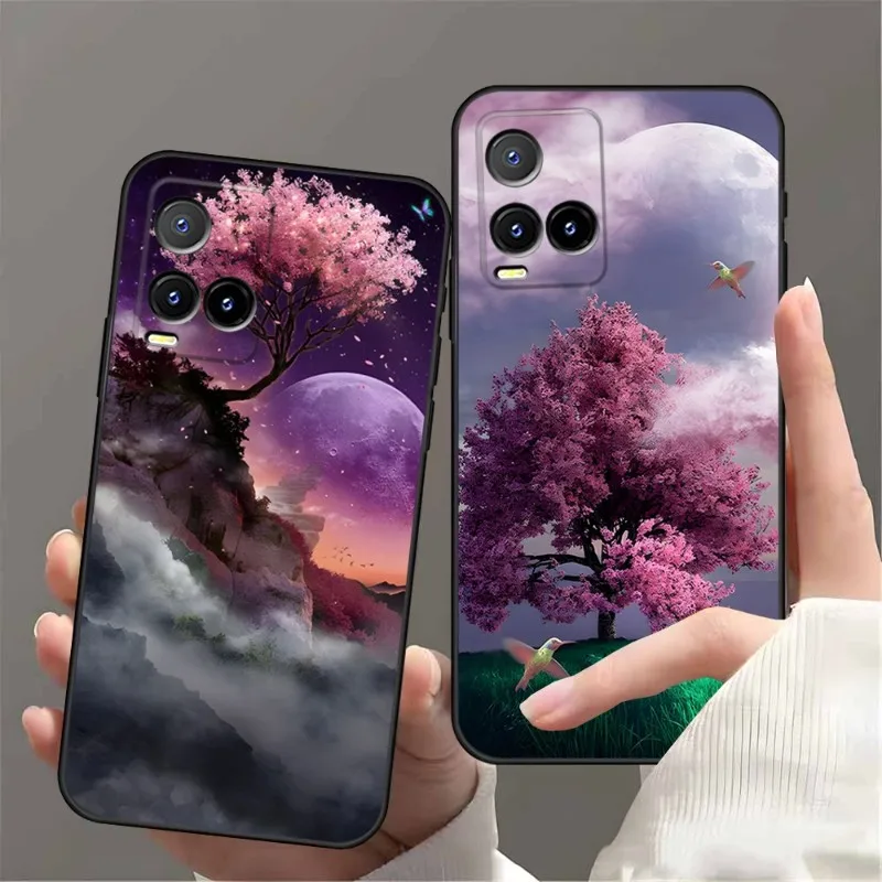 Pink Cherry Blossoms Painted Phone Case for VIVO Y31 IQOO 9 U5 U5x V21e V23 Y31s Y76 X60 X70 X80 Y33s Y21 Y73 Y15s T1 Plus Cover