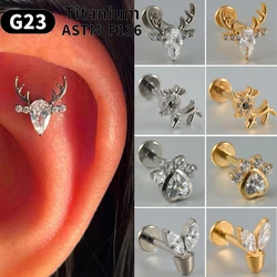 1PC Deer head&Dog Paw Zircon G23 Solid Titanium Cartilage Earrings Stud16G Internally Threaded Helix Ear Tragus Piercing Jewelry