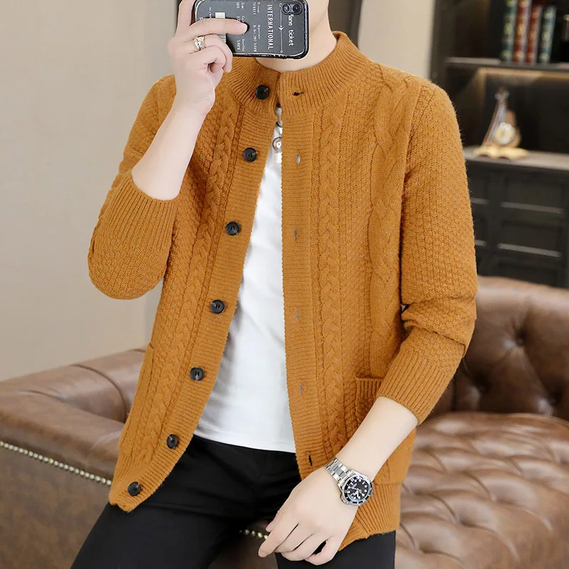 

2023 Men's Fashion Stand Collar Cable-Knit Sweater Autumn New Youth Loose Single-Breasted Knitted Cardigan