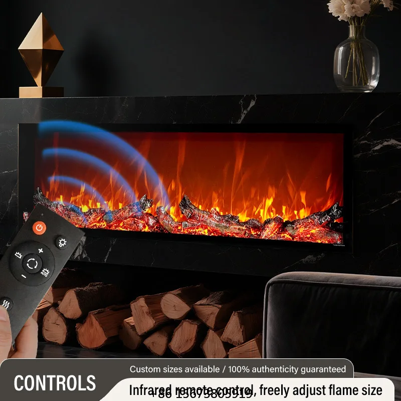 Recessed Electric Fireplace Tempered Glass, Real Log Flame, Adj Brightness, Sizes 39
