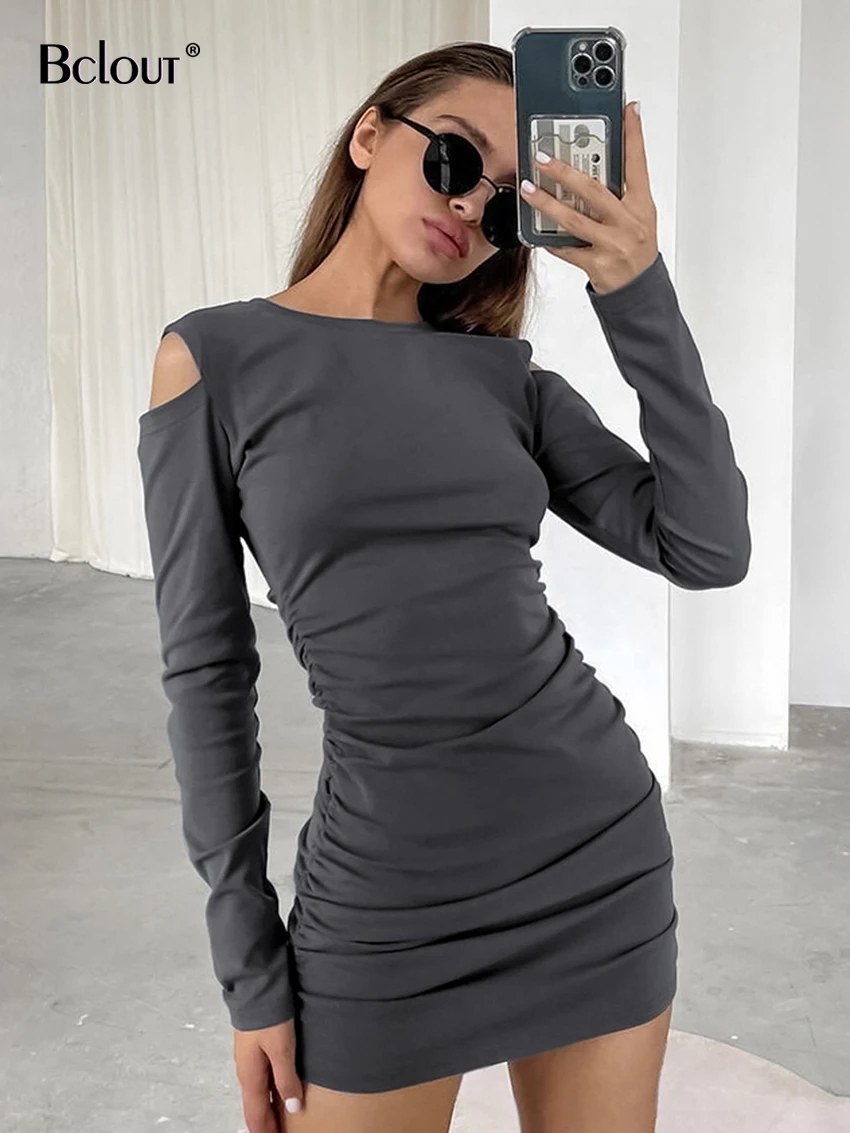 Bclout Autumn Gray Sexy Dresses Women 2024 Fashion O-Neck Solid Off Shoulder Elastic Dress Casual Ruched Party Mini Dress Female