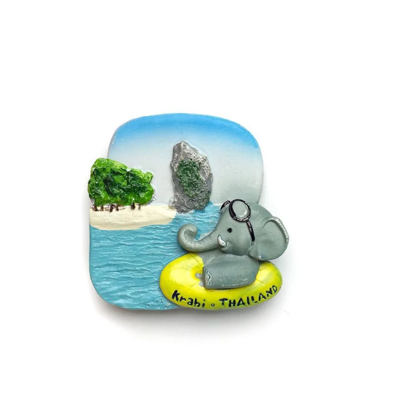 

Cute Thailand Krabi (Coastal Island/Beach + Elephant in Inflatable Ring with Sunglasses) 3D Resin Fridge Magnet Home Decor Item