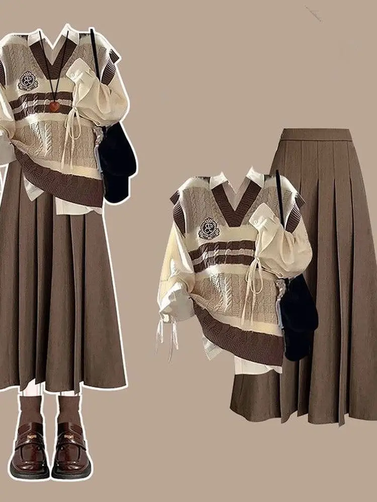 

Early Autumn 2025 Korean Sle Student Outfit Women's Dstring irt Pleated Skirt Vest Tee-Piece Set Faionable Ca...