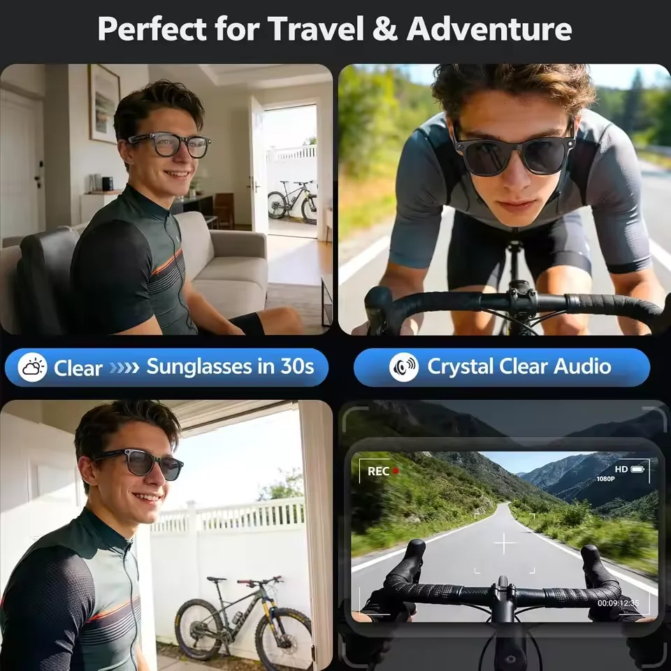 Wireless Smart Camera Glasses 1080P HD Video Recording Open Ear Bluetooth 5.4 Audio Hands Free Calling Anti Shake Sunglasses Men