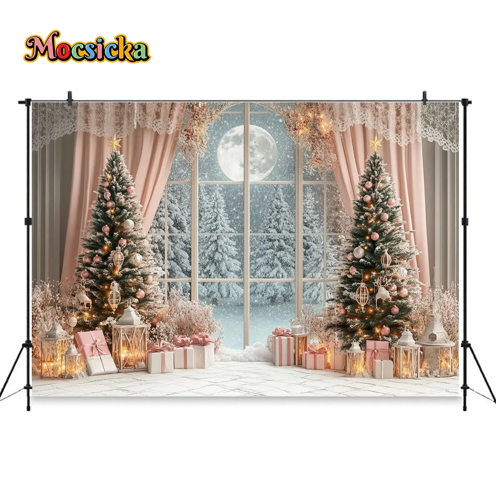 크리스마스 이브 사진 배경 생일 창 달 핑크 커튼 배경, 크리스마스 트리 랜턴 선물, 부스 스튜디오