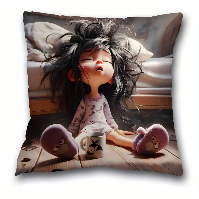 Bohemian Girl Cartoon Character Double-Sided Pillow Cover, 1pc Closed Eyes Art Decorative Cushion Case for Sofa, Bed Decor
