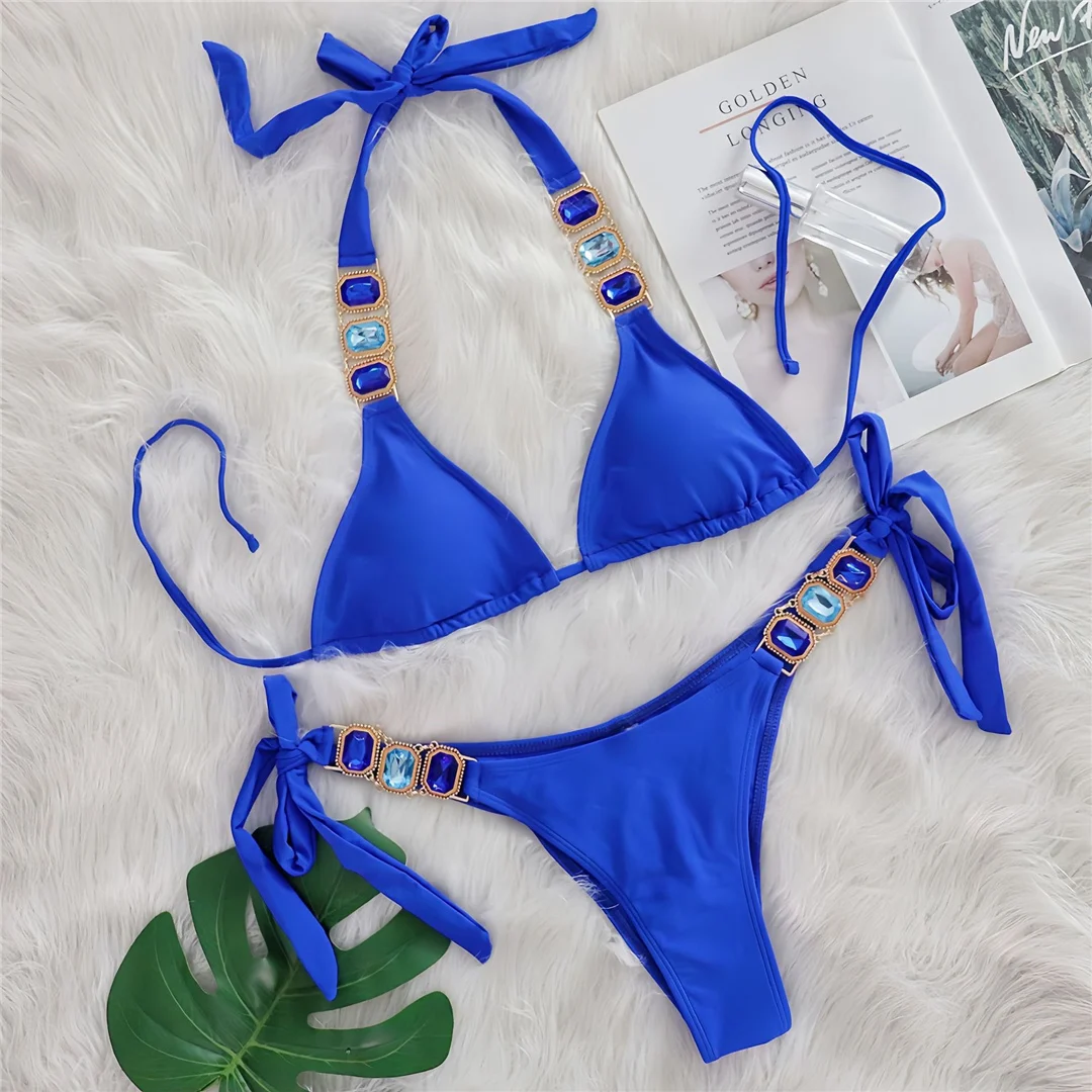 10 Farben Diamant-Strass-Steine Neckholder-Bikini Damen-Badebekleidung Zweiteiliger Bikini-Set Badeanzug Badebekleidung V6194 – Detail 19