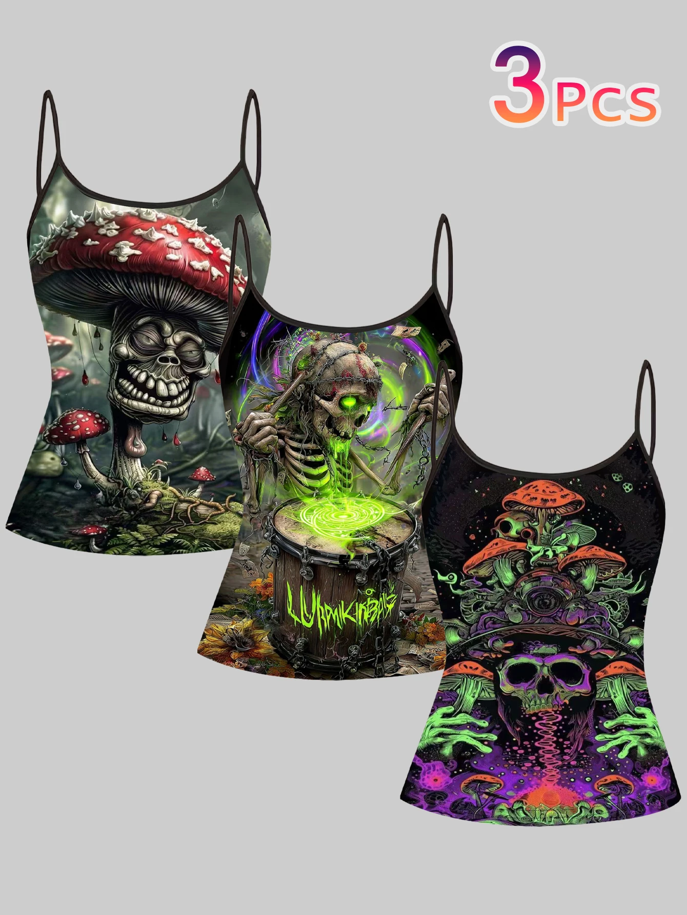 3-Pack of Psychedelic Mushroom Skull Print Camisoles for Women, Dark Fantasy Subculture Slim-Fit Sleeveless Inner Tops