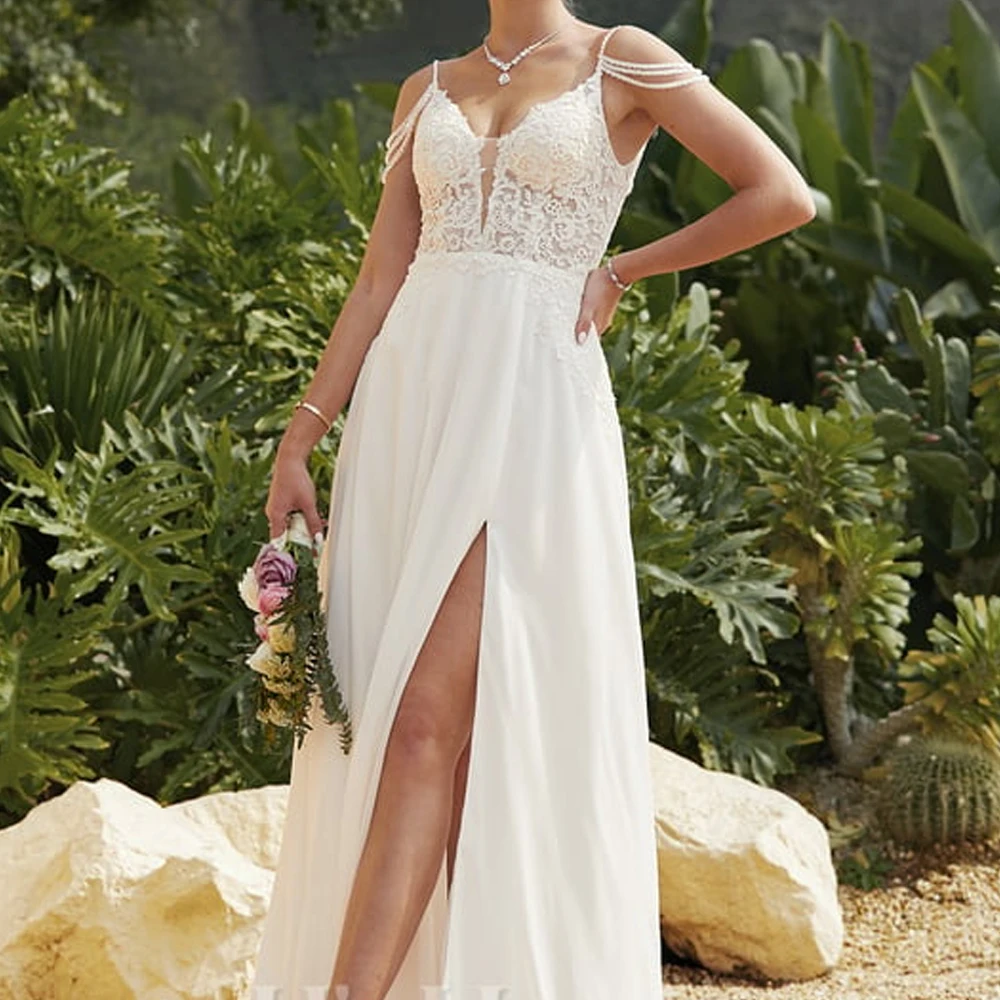 Abiti da sposa personalizzati con spalline sottili Una linea con scollo a V Applique in pizzo con cerniera Backl Chiffon Lunghezza pavimento diviso Vestido de novia