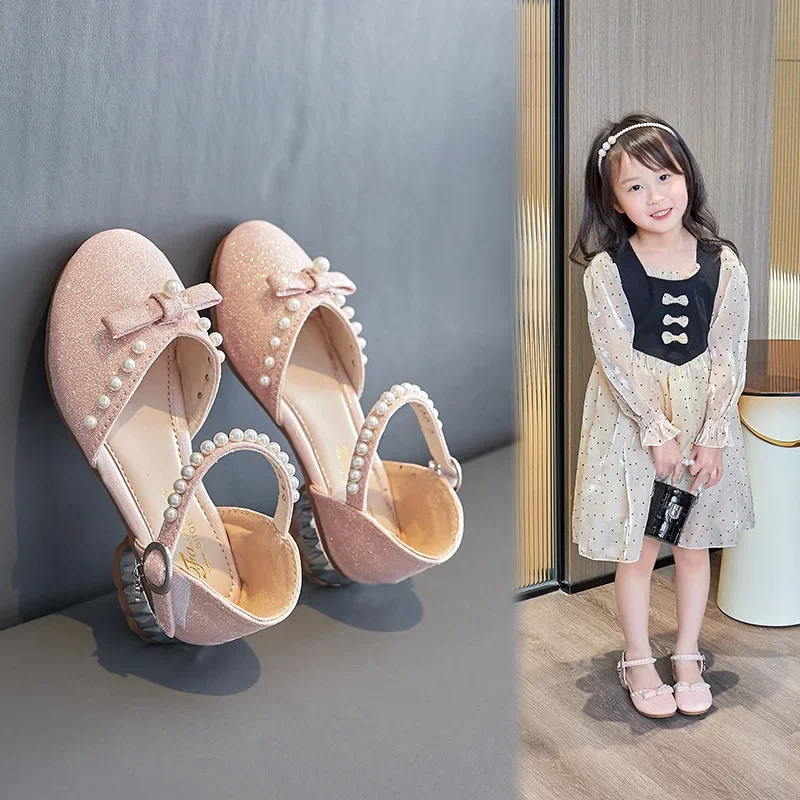 

2025 Princess Summer Gladiators Girls Square Heel Sandals with Beading Non-Slip Half-Pack Bow - Fashionable Kids Beach Footwear