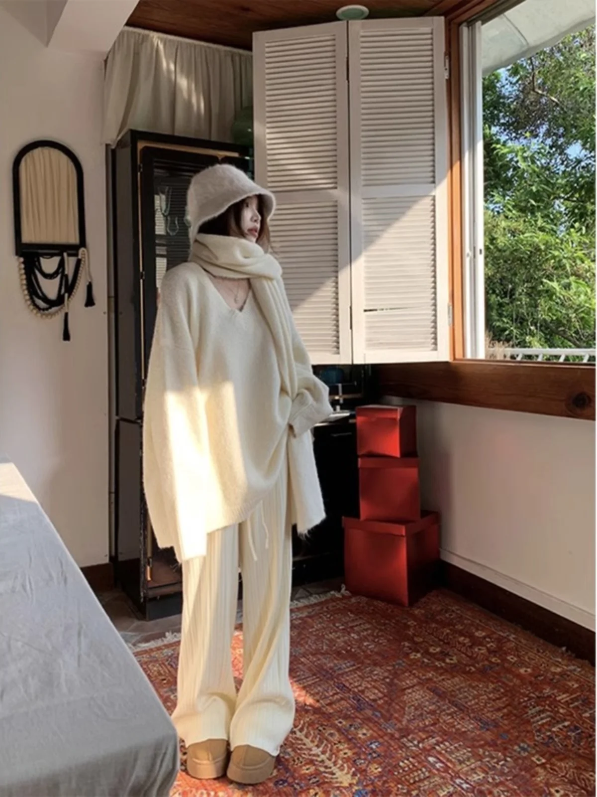 Jersey holgado con escote en V para mujer, suéter blanco, Top de punto cómodo, adelgazante, Faion coreano, Otoño Invierno, recién llegado