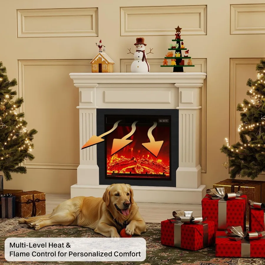 35 مدفأة كهربائية مع رف 18 بوصة مدفأة كهربائية واقعية للغاية ثلاثية الأبعاد لهب زر التحكم عن بعد مدفأة بيضاء Ma