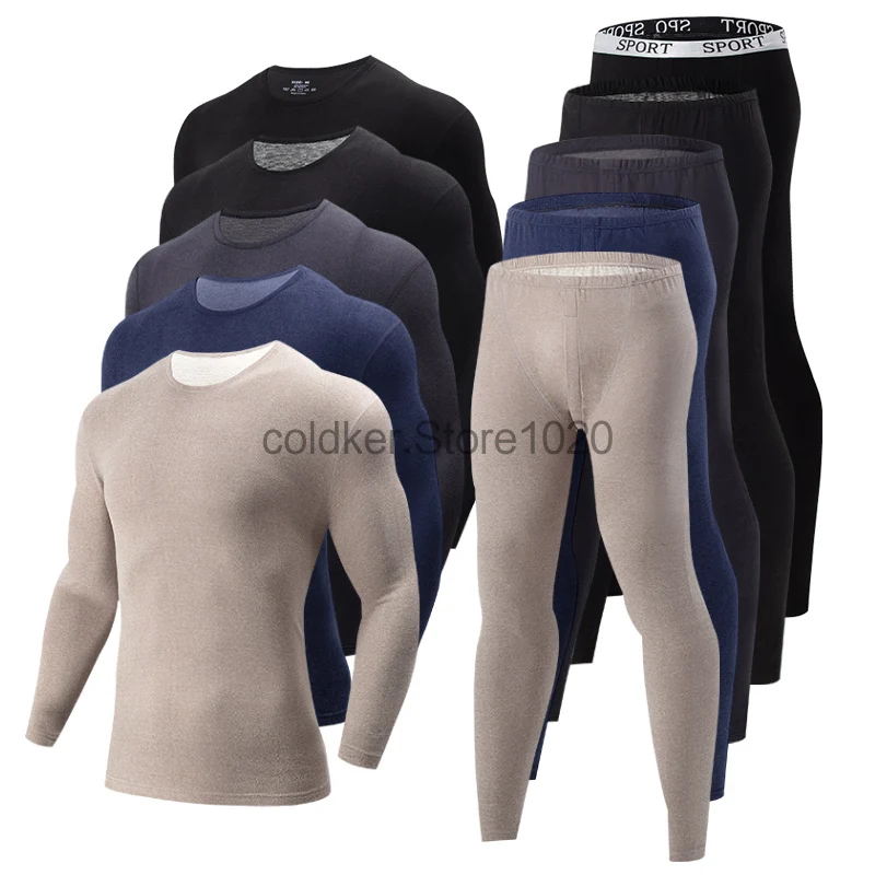 2pcs Set Men's Solid Color Autumn Winter Thermal Underwear Warm Long Sleeved Top Trousers Suit Male Casual Comfortable Pajama