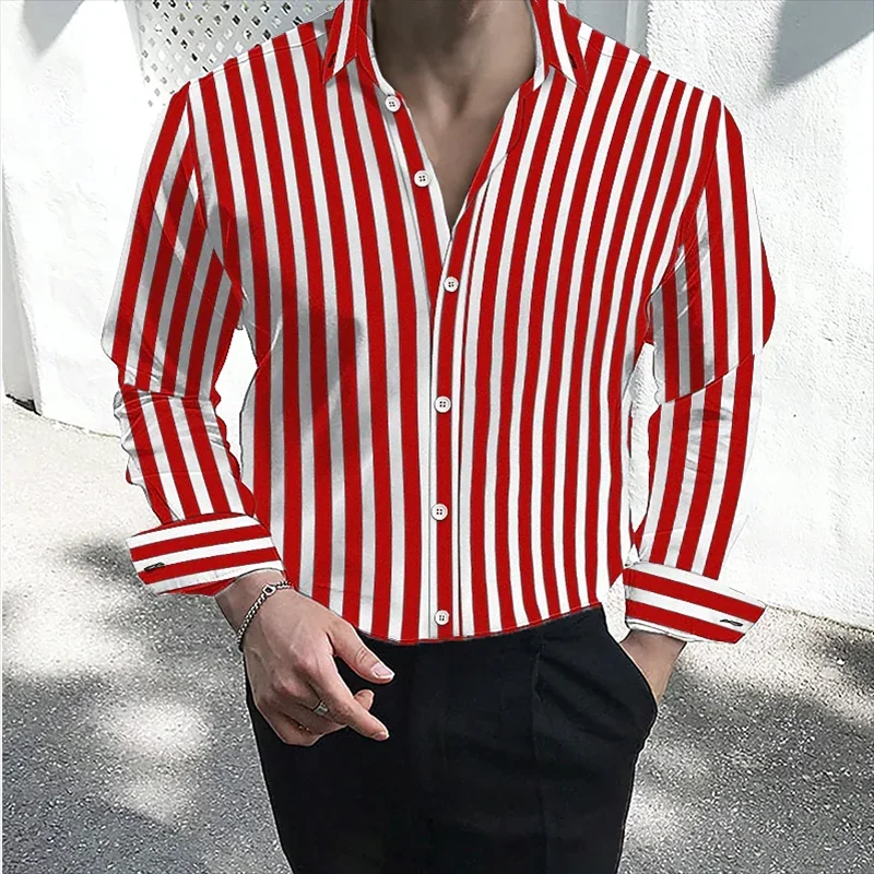 Men\'s formal casual shirt button lapel shirt black and white red long sleeve striped lapel shirt large size XS-6XL