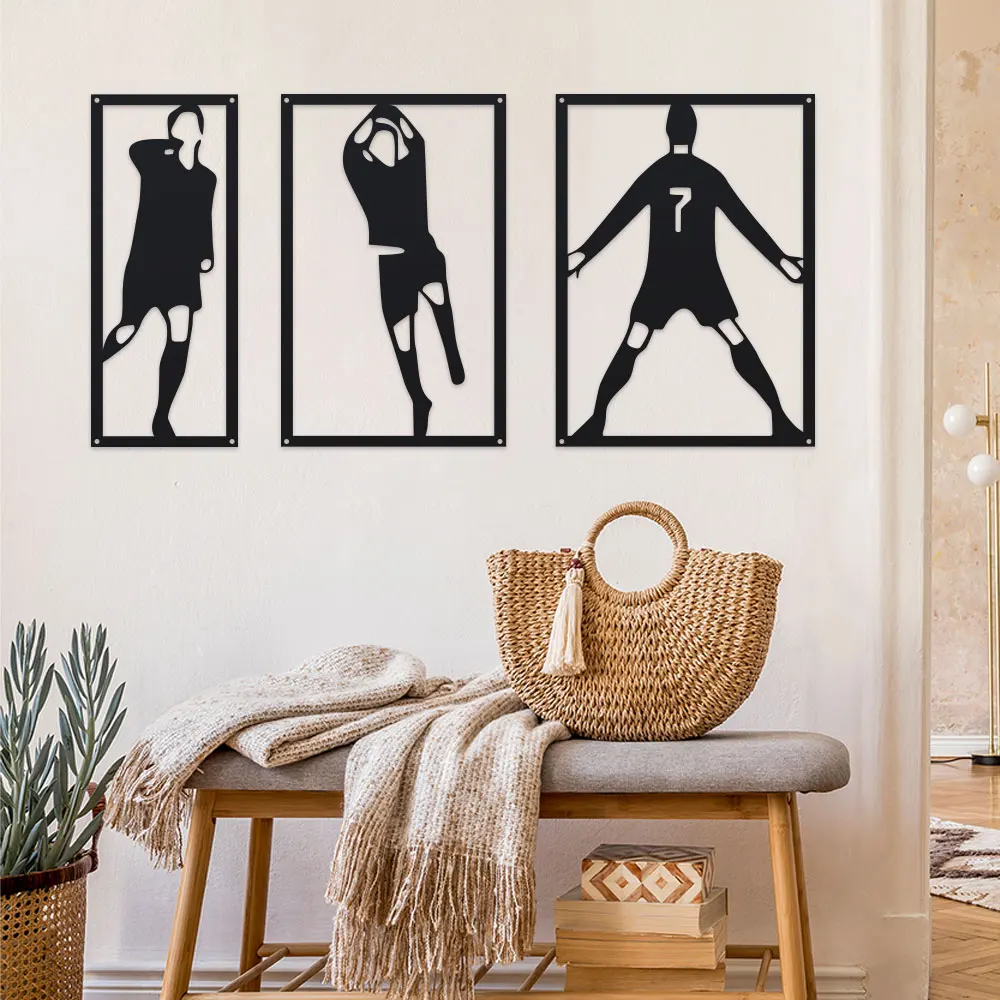 2D Metal Ronaldo 3 Pieces Metal Wall Art Set Modern Black White Abstract Football Star Metal Wall Decor for Bedroom Living Room