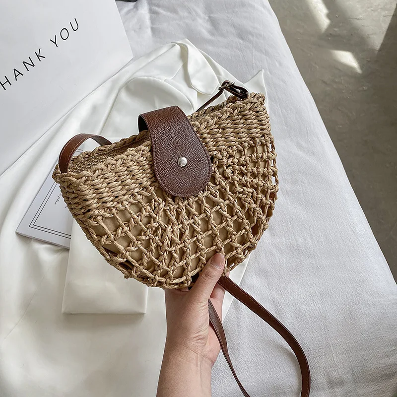 Yogodlns Sommer Stroh Tasche Für Frauen Mode Halbkreis Umhängetaschen Rattan Handgemachte Messenger Handtasche Reise Strand Taschen Tote – Detail 16