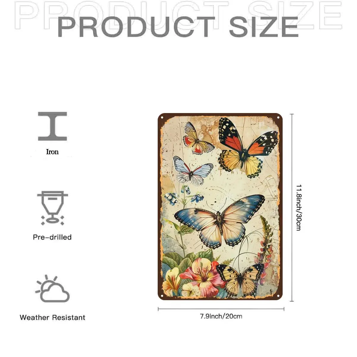 Vintage Butterfly Art Print Wall Decor Metal Iron Sign, Pre-Drilled Holes, Suitable for Indoor, Garden, Outdoor, Home, Office