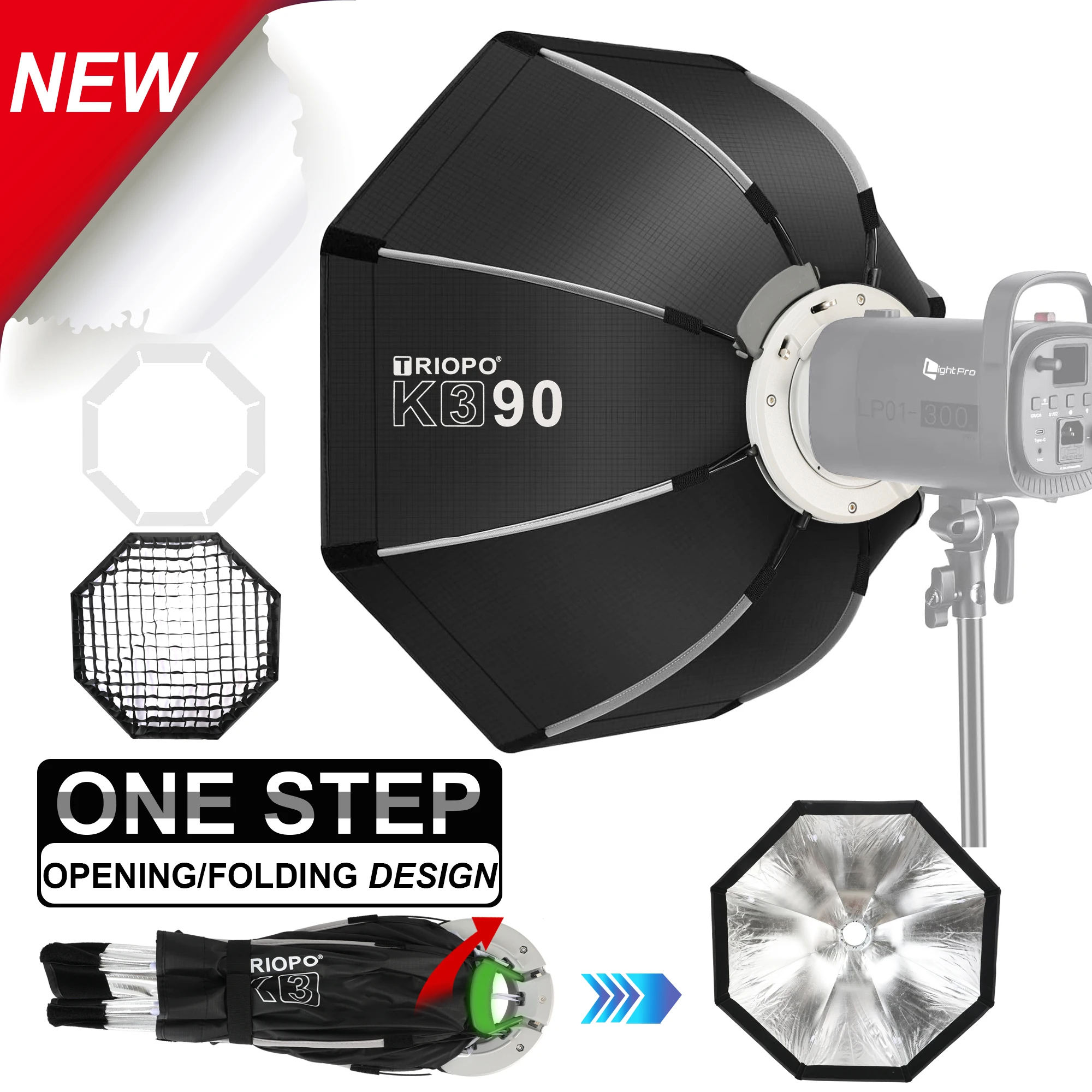 Triopo K3 Quick-Setup Bowens Mount Octagon Softbox One-Step Install Portable Light Modifier Umbrella Reflector W/ Honeycomb Grid