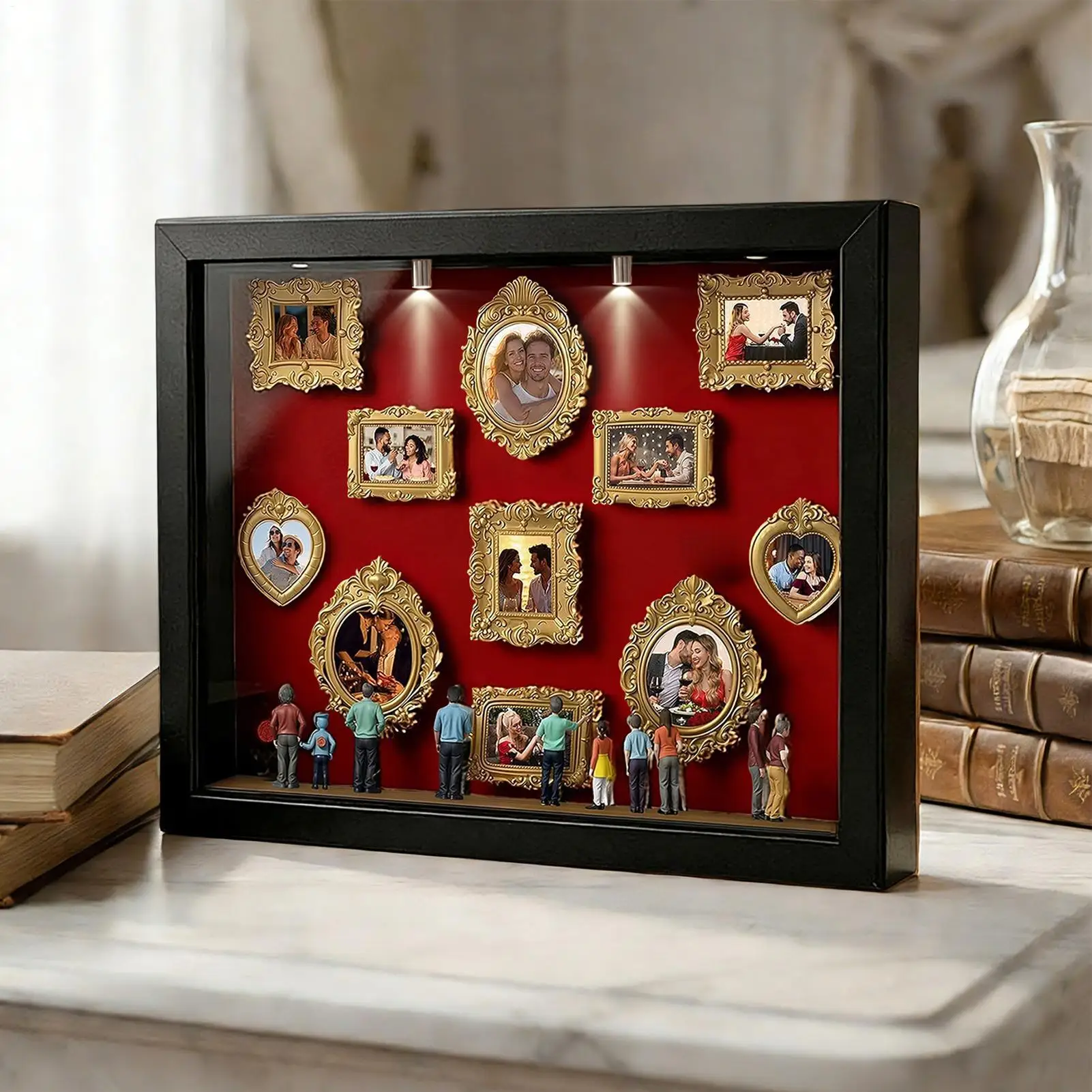 Museum Silhouette Box Memory Photo Case with LED Light 11 Pieces Miniature Picture Frame with 8 Figurines for Home Valentine's