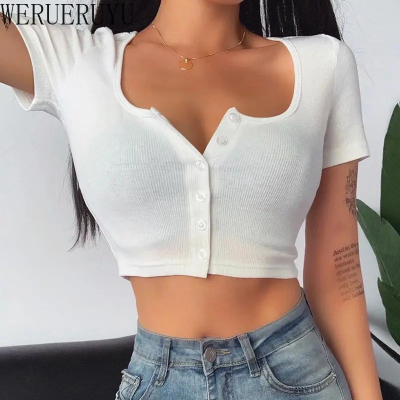 Summer Cardigan Knitted T-shirt Sexy Crop Top Corset Womens Y2k Clothes Streetwear Short Sleeve Black White T-shirts for Women