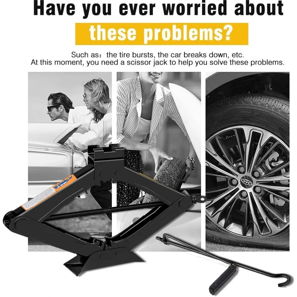 Kit de cric à ciseaux pour voiture de 3,0 tonnes avec manivelle, portable pour SUV et automobile, noir robuste